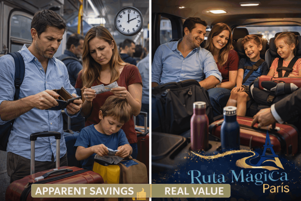 Comparación visual de familia española estresada en transporte público con costes ocultos versus familia relajada en traslado privado cómodo a Disneyland Paris