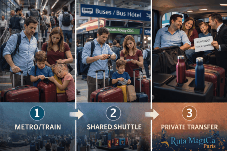Comparativa visual de tres opciones de transporte del aeropuerto a Disneyland Paris: familia en tren RER, autobús Magical Shuttle y traslado privado VTC
