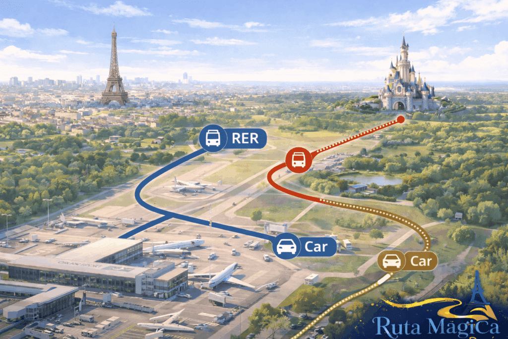 Vista aérea ilustrativa mostrando las diferentes rutas de transporte desde el Aeropuerto de Orly hasta Disneyland París, incluyendo opciones de tren RER, autobús Magical Shuttle y traslado privado