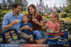 Familia española disfrutando comida casera llevada en mochila sentados en zona verde de Disneyland Paris ahorrando en gastos del parque