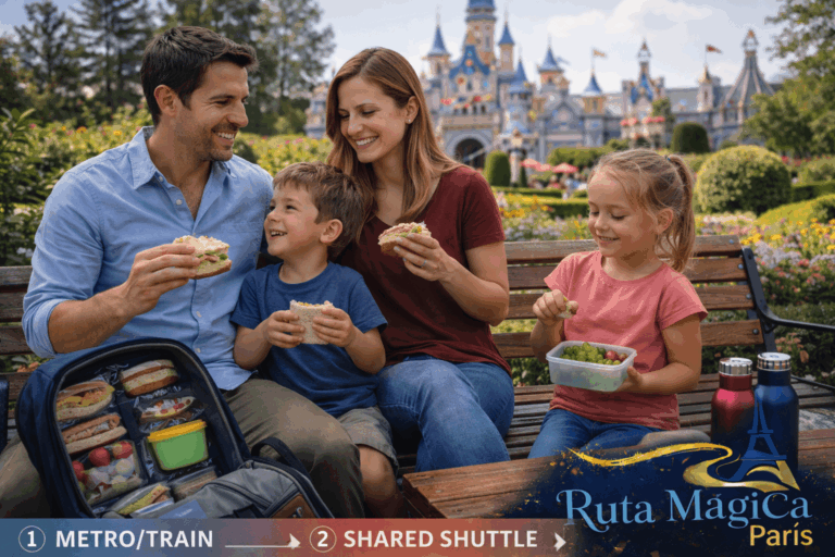 Familia española disfrutando comida casera llevada en mochila sentados en zona verde de Disneyland Paris ahorrando en gastos del parque
