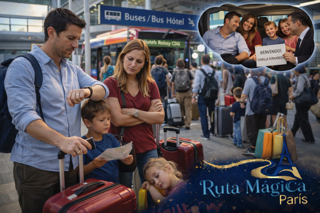 Familia española cansada esperando autobús Magical Shuttle compartido en aeropuerto de París versus traslado privado directo a Disneyland Paris
