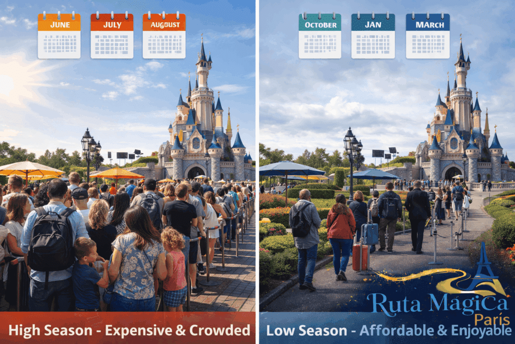 Comparación visual de Disneyland Paris en temporada alta abarrotada y cara versus temporada baja tranquila y económica mostrando diferencias de precios y afluencia