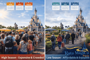 Comparación visual de Disneyland Paris en temporada alta abarrotada y cara versus temporada baja tranquila y económica mostrando diferencias de precios y afluencia