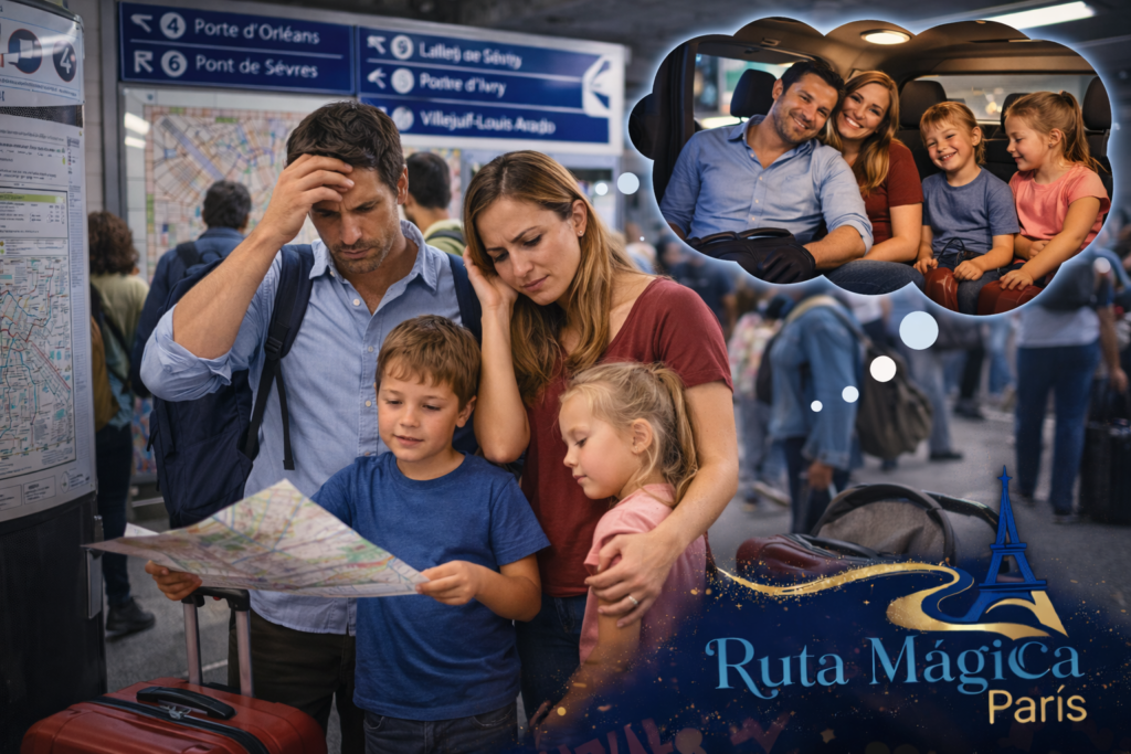 Familia española cansada con maletas en transporte público de París versus misma familia relajada en traslado privado de Beauvais a Disneyland Paris