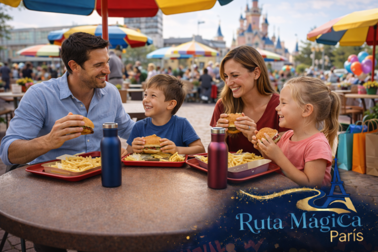 Familia española comiendo en restaurante de servicio rápido en Disneyland Paris con botellas reutilizables y comida económica disfrutando del parque