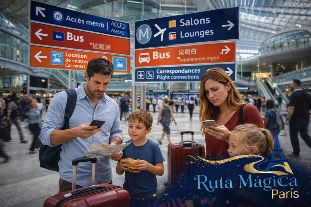 Familia española confundida con maletas y niños intentando orientarse en el complejo aeropuerto Charles de Gaulle de París mirando señales y mapas