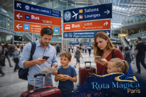 Familia española confundida con maletas y niños intentando orientarse en el complejo aeropuerto Charles de Gaulle de París mirando señales y mapas