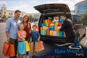 Familia española cargando múltiples bolsas de compras de souvenirs en maletero espacioso de van privada después de visitar outlets cerca de Disneyland Paris