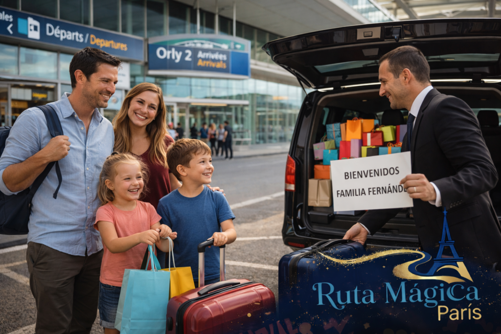 Conductor profesional recibiendo familia española con maletas en aeropuerto de Orly para traslado privado a Disneyland Paris en van espaciosa