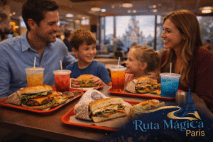 Familia feliz comiendo en restaurante económico de Disneyland París con hamburguesas y bocadillos en bandejas mostrando opciones de ahorro inteligente - Guía restaurantes 2026