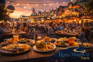 Terraza de restaurante en Disney Village al atardecer con familias cenando y luces cálidas - Guía restaurantes Disneyland París 2026