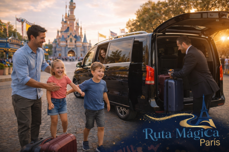Familia española llegando feliz a Disneyland Paris en traslado privado Mercedes V-Class desde aeropuerto Charles de Gaulle con equipaje y niños