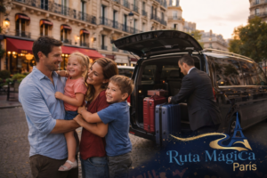 Familia española con maletas siendo recogida en hotel del centro de París por conductor de traslado privado en van espaciosa para ir a Disneyland Paris