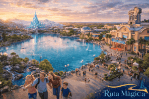 Vista aérea de Disney Adventure World 2026 con Adventure Bay, World of Frozen y las nuevas áreas del parque renovado de Disneyland París