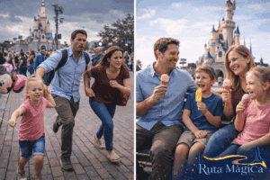 Comparativa familia española estresada visitando Disneyland París en 1 día versus familia relajada disfrutando en varios días - Guía 2026