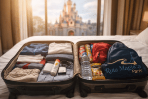 Maleta organizada con esenciales para viajar a Disneyland París con familia: ropa cómoda, chubasquero, protector solar y snacks - Guía completa 2026