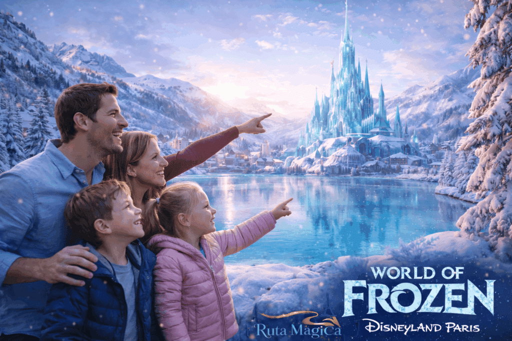Familia española emocionada llegando a World of Frozen en Disneyland París con el Castillo de Arendelle y Adventure Bay de fondo - Guía 2026
