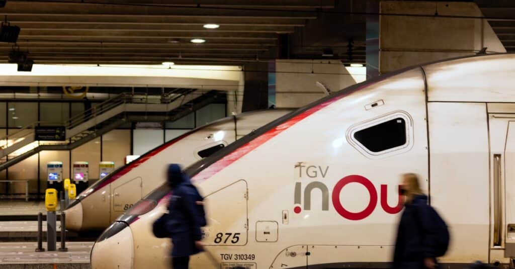 Travelers pass by TGV trains at a bustling Paris railway station, capturing the essence of urban transit.
